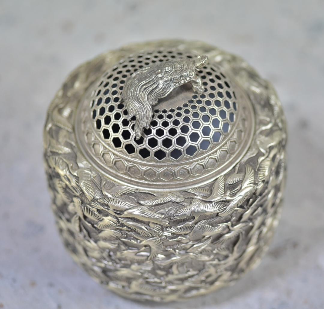 佐野宏采造（彫金作家）華鶴香炉　共箱　金属工芸