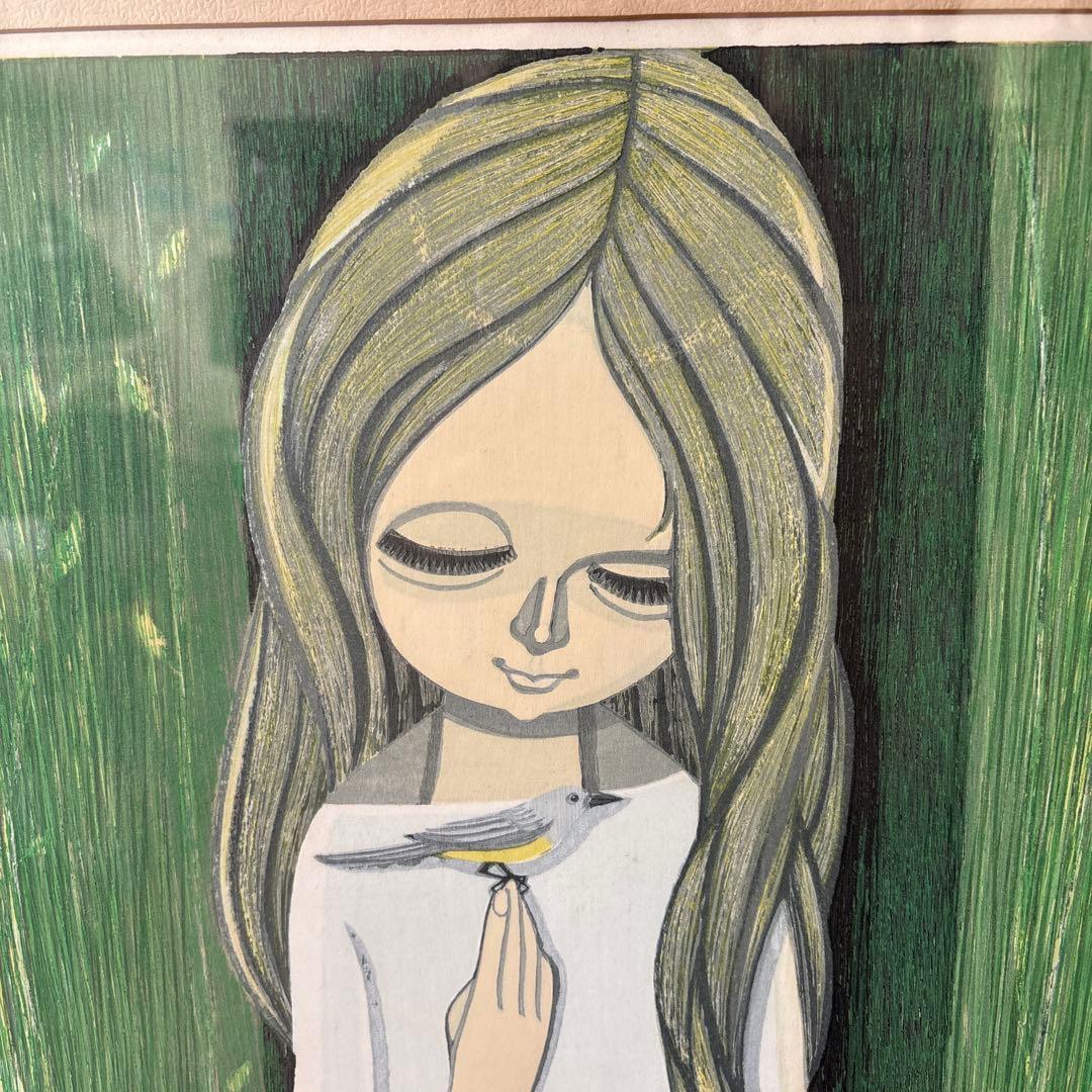 【池田修三】1973年 額約 630×476mm 76/150木版画 とりかご