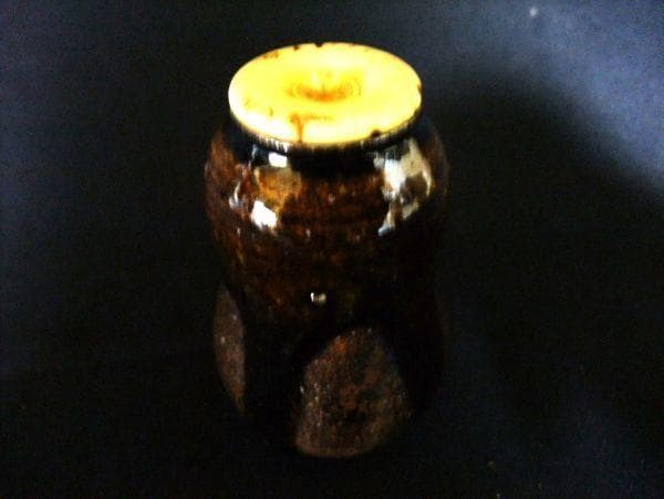古い 茶入れ 瓢型 蓋 骨 飴釉 仕覆付 茶道具 時代物 骨董