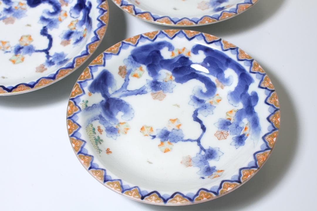 明治期 有田焼『江上製(江上熊之助)』染錦紅葉図 上手五寸皿 三客揃