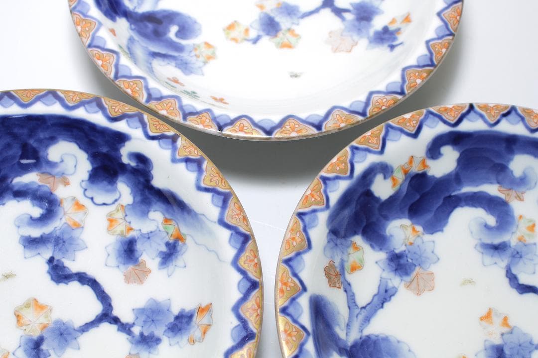 明治期 有田焼『江上製(江上熊之助)』染錦紅葉図 上手五寸皿 三客揃