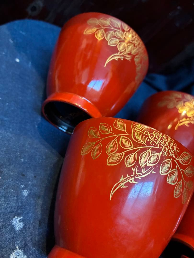 漆器　沈金　①吸物椀　荷物椀　5客　輪島塗　漆傷みなし 朱塗り　木製　小吸物