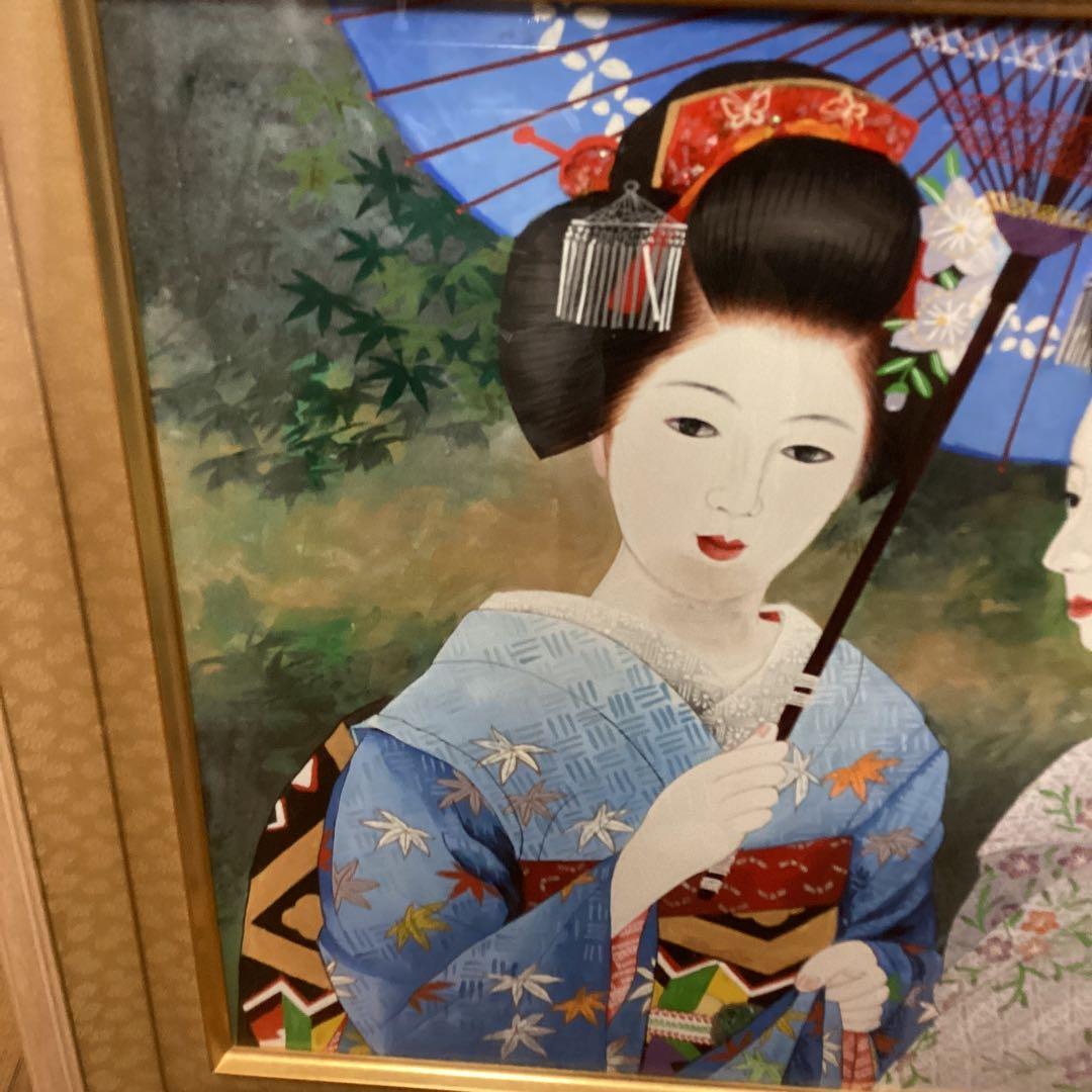 六代目歌川豊国作　　手描き　　日本画板画　題目　舞妓図　　額装仕立て