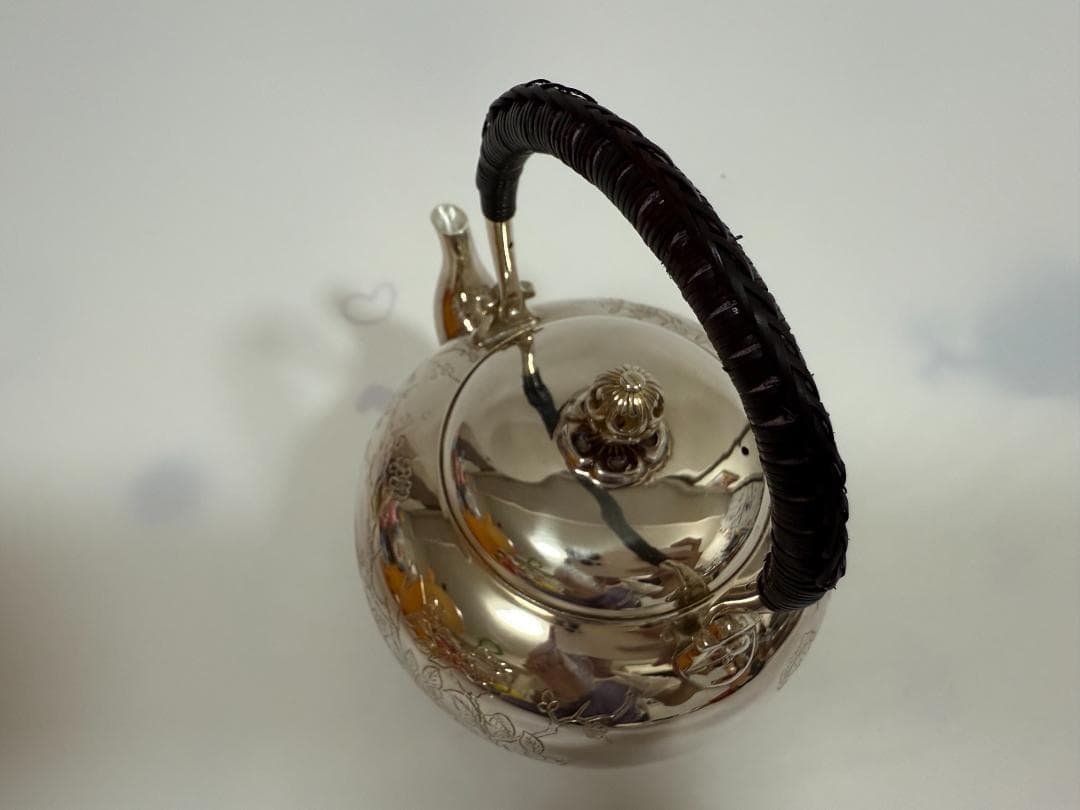 純銀製 花彫 湯沸 銀瓶 煎茶道具