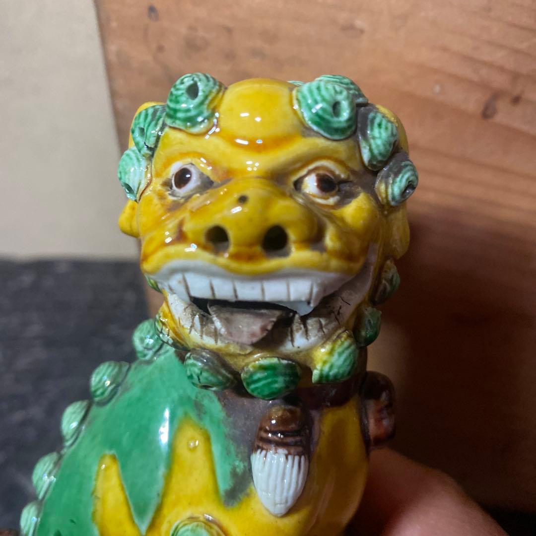 中国古玩　唐獅子一対【桐箱付】