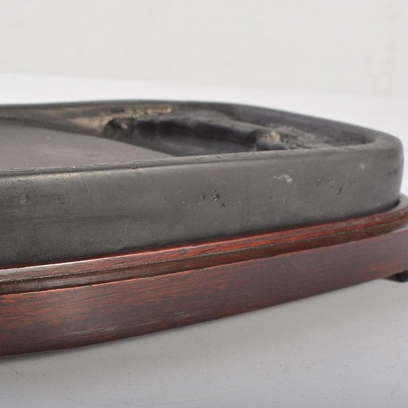 中国　書道具　花刻　端渓硯　唐木箱付　V　R7139