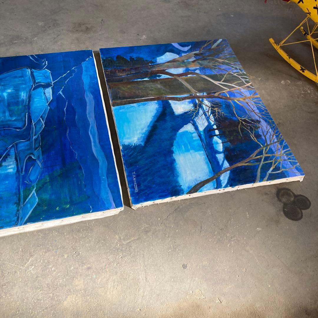 大型 F60号 青い絵 ブルー 油彩キャンバス 2点セット 引き取り可能