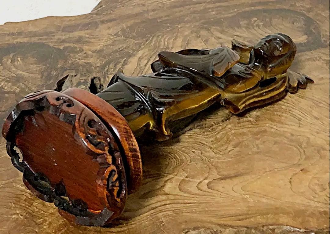 中国美術 時代 虎目石 タイガーアイ 女人彫刻像 仏像 唐木台付き 処分価格