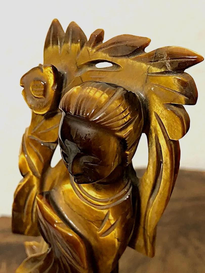 中国美術 時代 虎目石 タイガーアイ 女人彫刻像 仏像 唐木台付き 処分価格