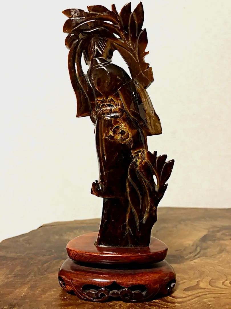 中国美術 時代 虎目石 タイガーアイ 女人彫刻像 仏像 唐木台付き 処分価格