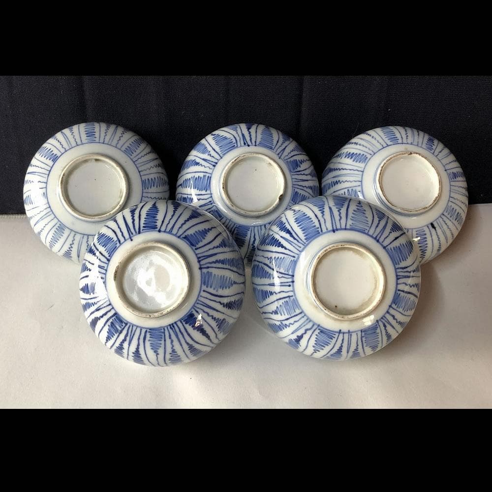 e154 古伊万里 染付 よろけ紋 ころ茶碗 5客 りん茶碗 茶碗 茶道具