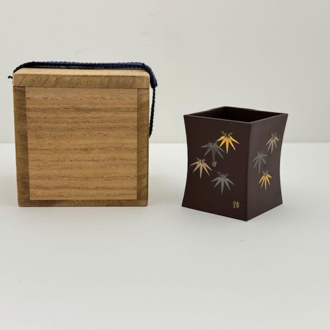 茶道具 上田鉄三 金銀象嵌 笹 蓋置 共箱 茶道