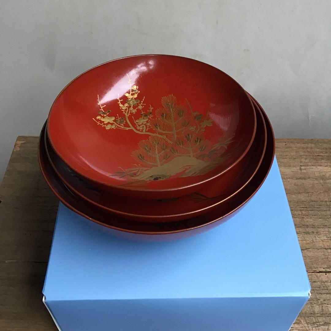 松竹梅　金彩　三つ組盃　金蒔絵　正月　祝い　本漆塗り