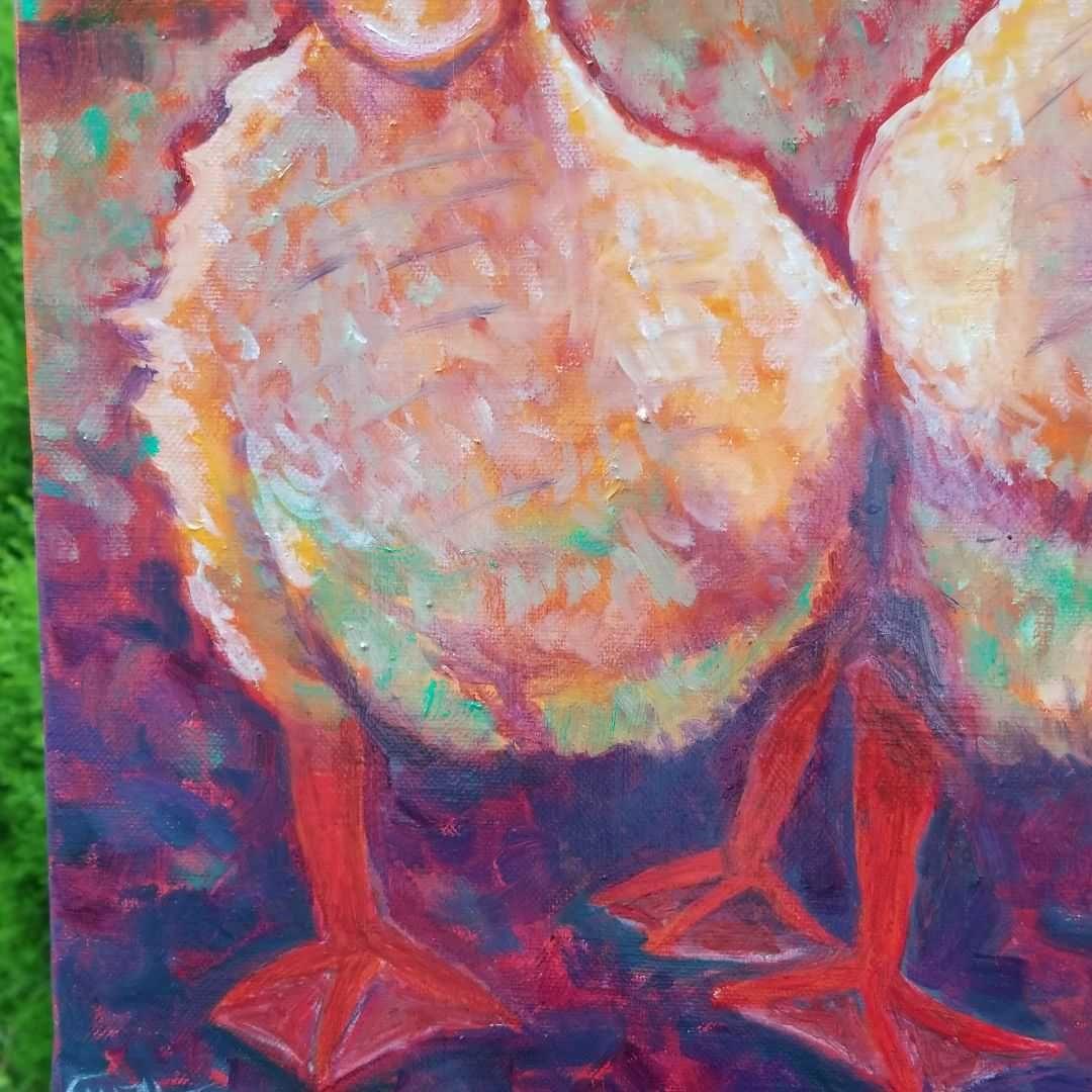 油絵　専用　夕方　寄りそって帰るアヒルの恋人たち