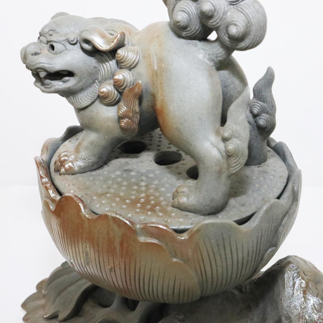 青備前 獅子牡丹香炉 備前焼三名工 西村春湖 作 伊部 備前
