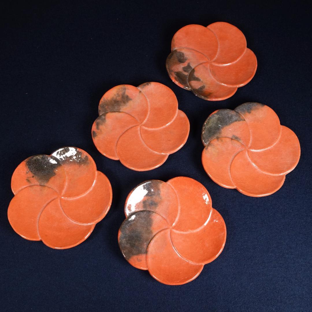 川崎和楽 赤楽 捻梅 銘々皿 5客 共箱