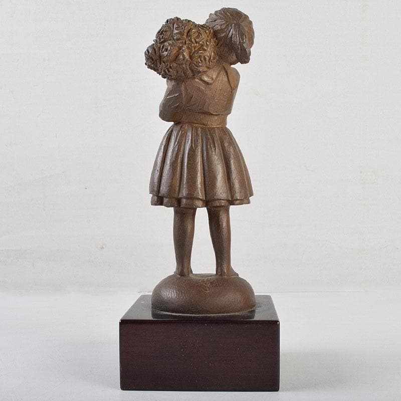 加藤豊作　ブロンズ　少女像　「花束」　台付　共箱　M　R9183