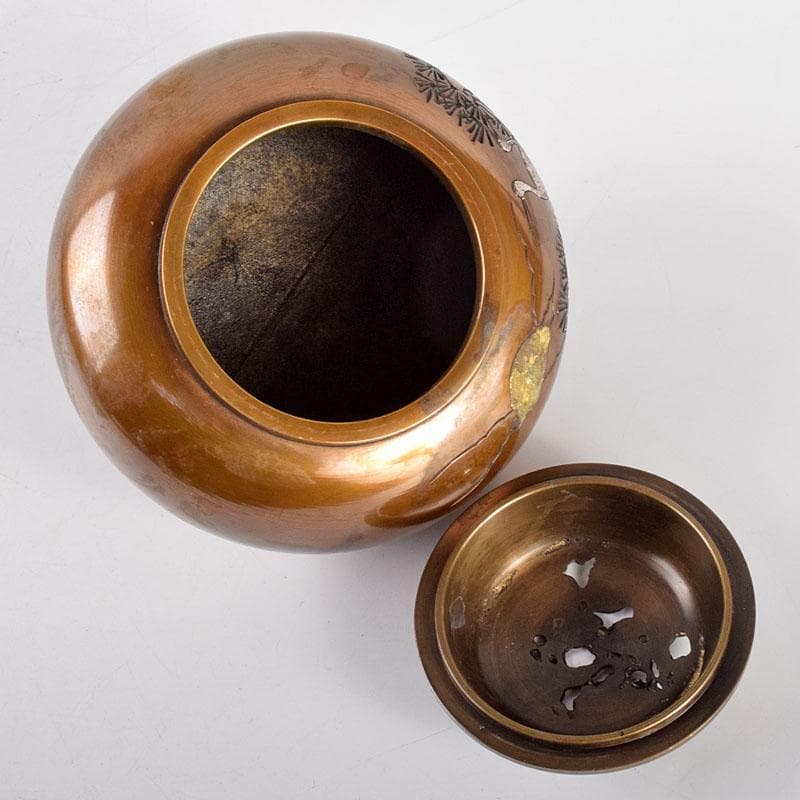 高岡銅器　旭峰造　鋳銅象嵌　松鳥文　香炉　M　R4886