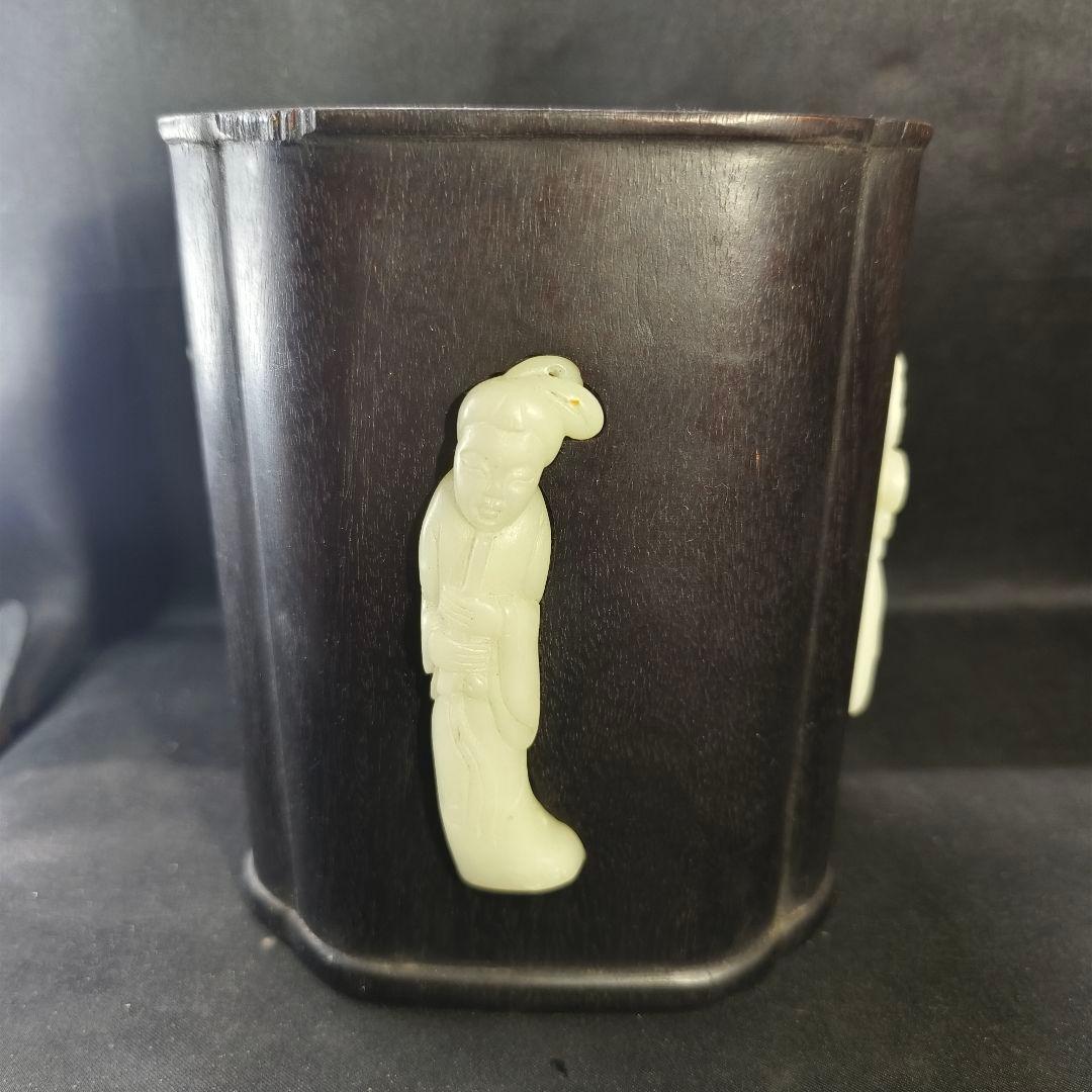 中国骨董 紫檀筆筒 白玉彫仕女図象嵌 古美術 アンティーク 旧家蔵出 蒐集家放出