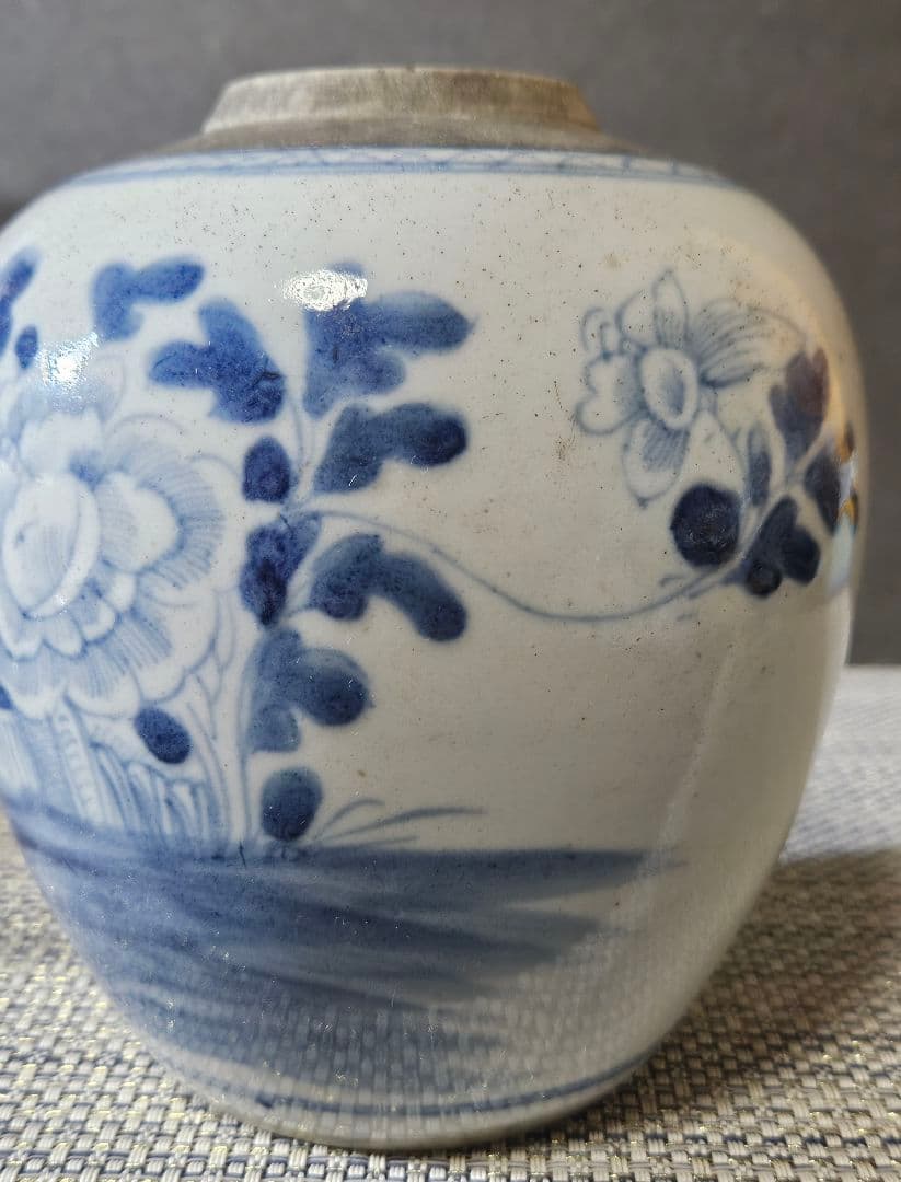 中国古陶磁器　清代　清朝　青華　古染付 草花の図　茶壺　花入れ　茶道具　茶器