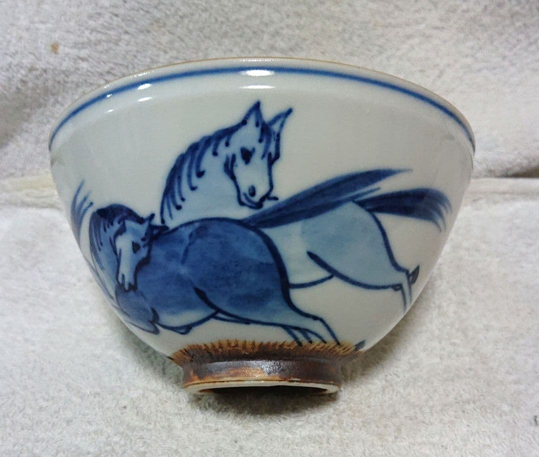 河本礫亭作馬の絵柄 抹茶茶碗 木製箱付きA452