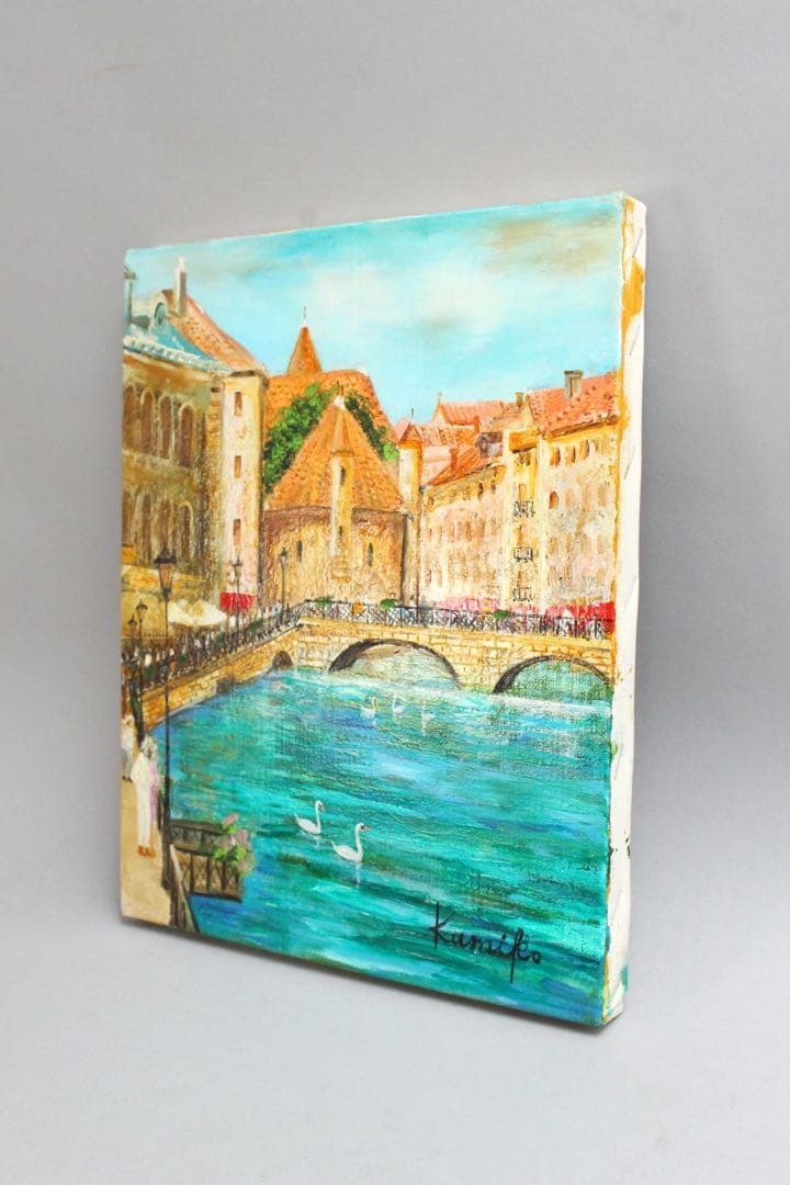 No4424 額装　鈴木久美子「湖のヴァカンス」油彩画　黄袋/畳箱付　送料無料