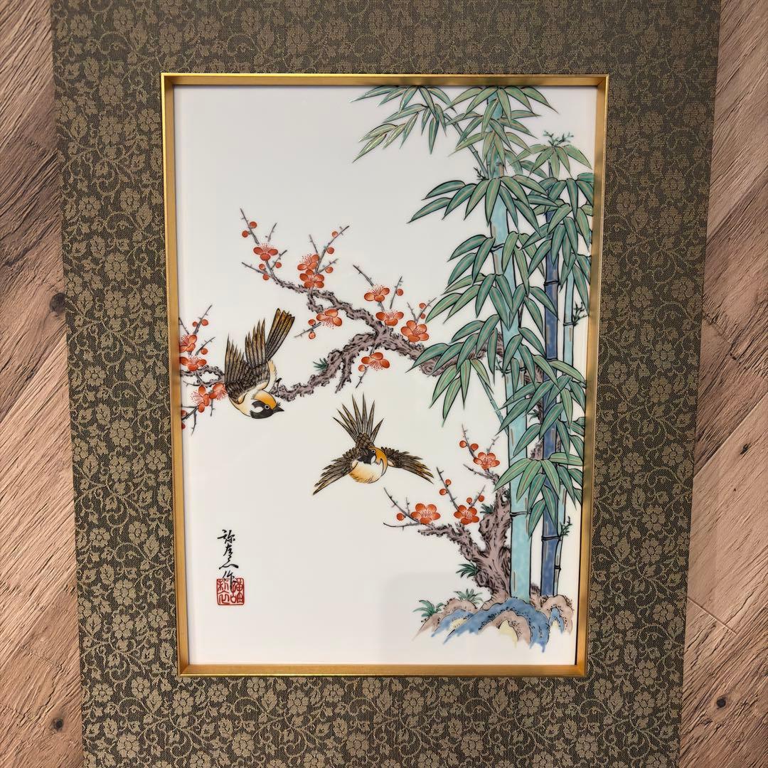掛軸 陶磁画 応接間 玄関 茶室 書斎 装飾品 工芸品 置物 雀 鶉 梅 竹