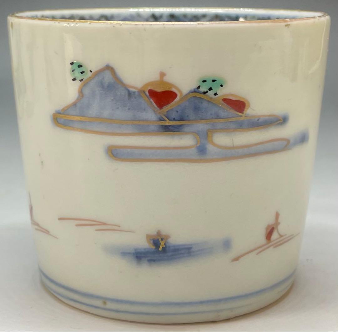 蕎麦猪口　楼閣山水図　古伊万里　切込　染錦　5客　C0095