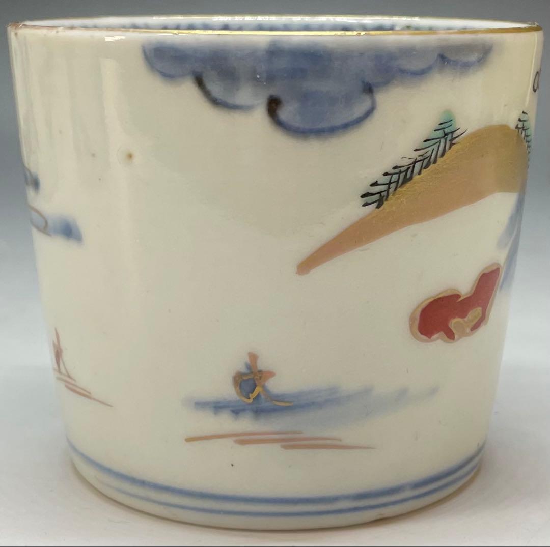蕎麦猪口　楼閣山水図　古伊万里　切込　染錦　5客　C0095