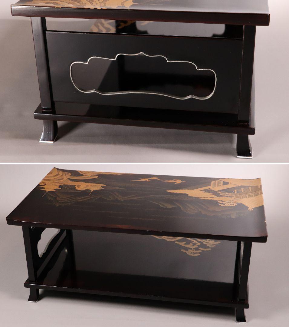 輪島塗 蒔絵師 久世宗春 山水金蒔絵 冠卓 二段卓 花台 黒塗【MA189】