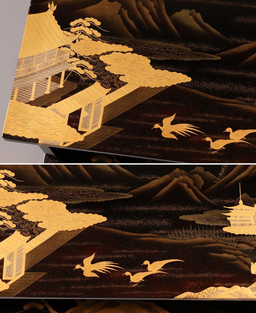 輪島塗 蒔絵師 久世宗春 山水金蒔絵 冠卓 二段卓 花台 黒塗【MA189】