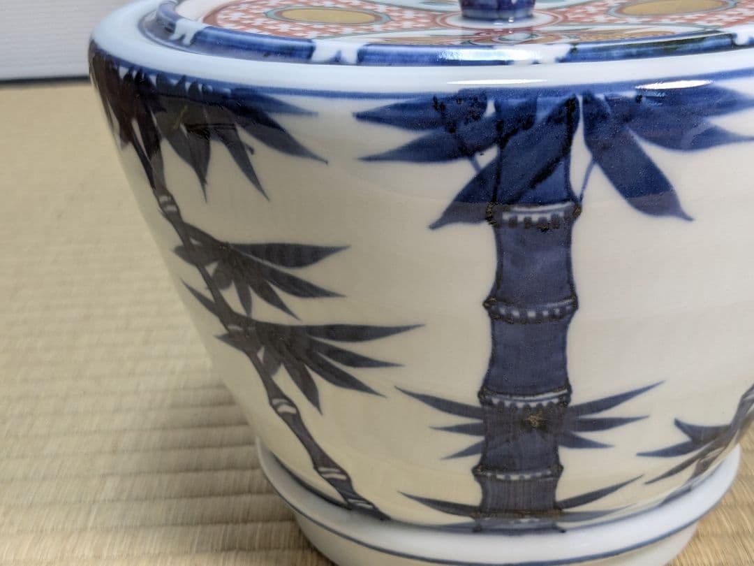 【上作】真葛香斎　染付竹水指　赤絵蓋共　京焼