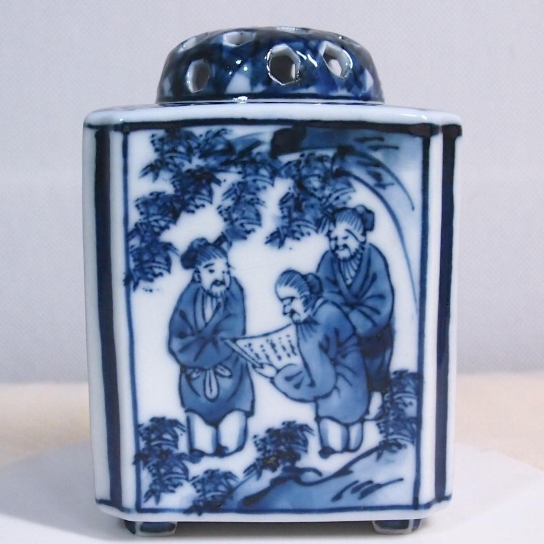【未使用】九谷焼 九谷陶香作 角福 福寿 香炉 染付 人物/小紋 茶道具/香道具