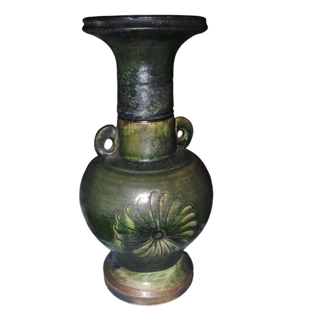 古瀬戸　青織部　印花文盤口花瓶　骨董品