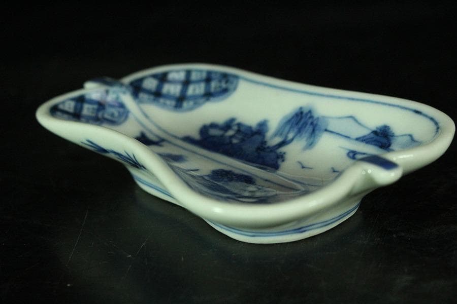 三浦竹泉作 青花山水 団扇形 皿 揃い 大小五客(K-XA885)