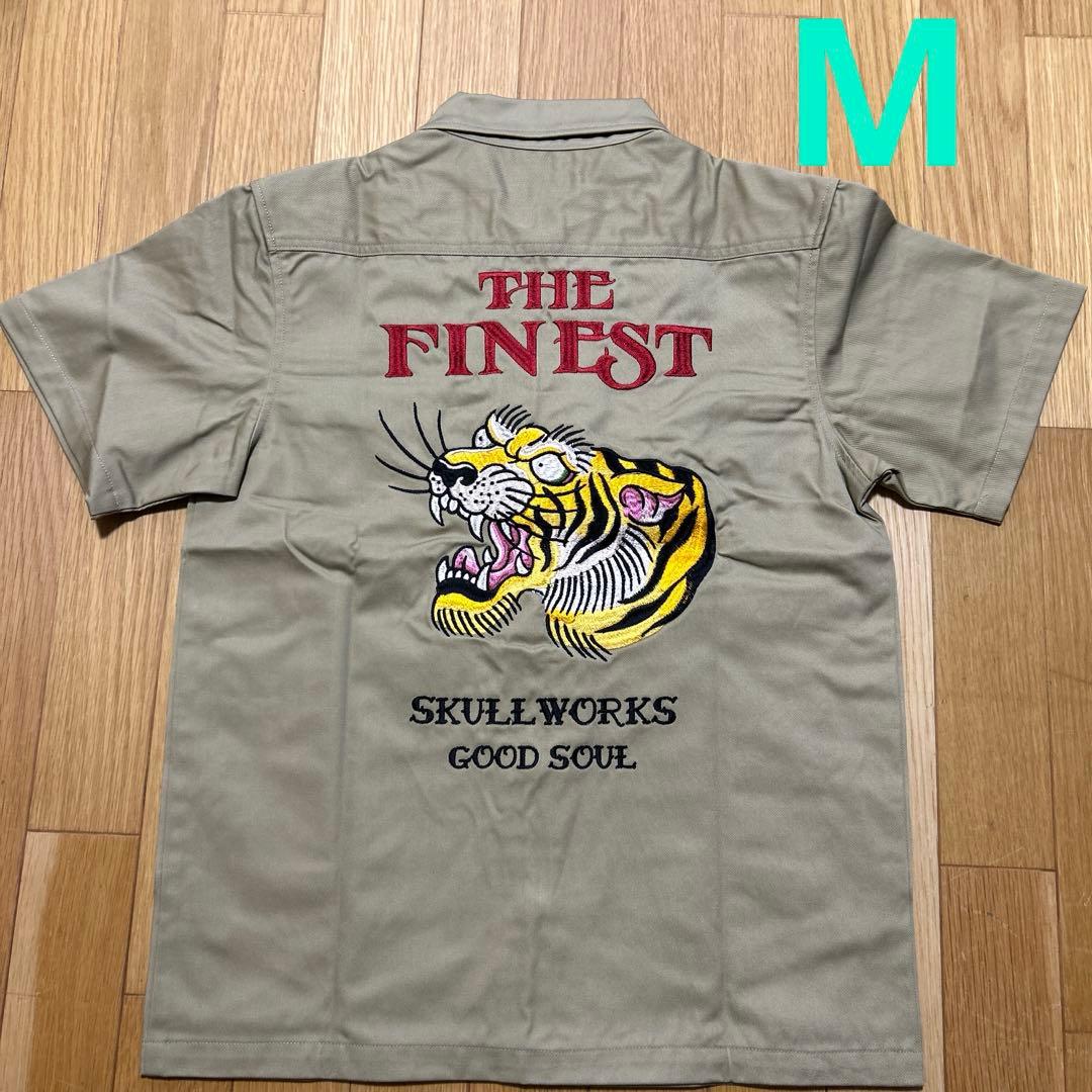 新品　M スカルワークス　トラ　半袖シャツ　ボウリングシャツ　刺繍　ベージュ