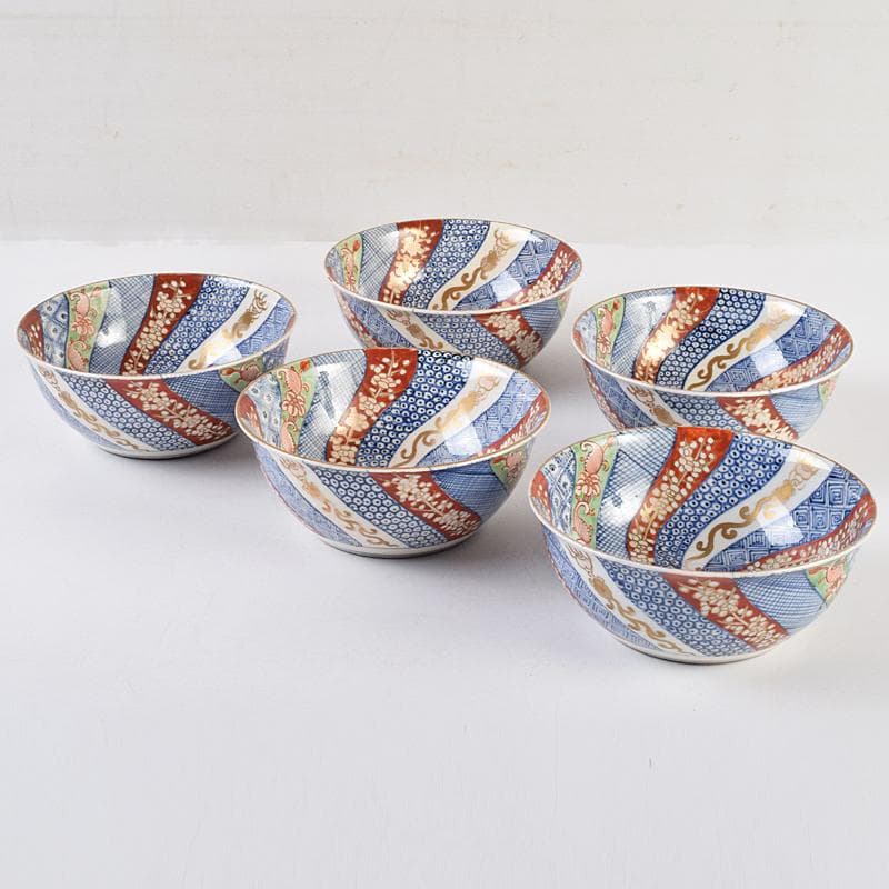 伊万里焼　五良太甫呉祥瑞造　色絵棯文　菓子鉢　五客　合わせ箱　M　R9495