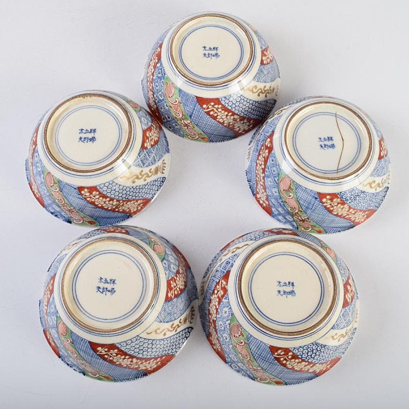 伊万里焼　五良太甫呉祥瑞造　色絵棯文　菓子鉢　五客　合わせ箱　M　R9495