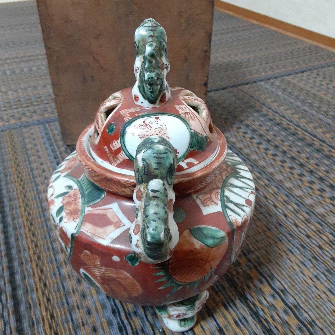 古い伊万里赤絵九谷焼香炉/江戸唐子狛犬薩摩十字角福小槌三足耳付/瓔珞緑釉窓絵箱入