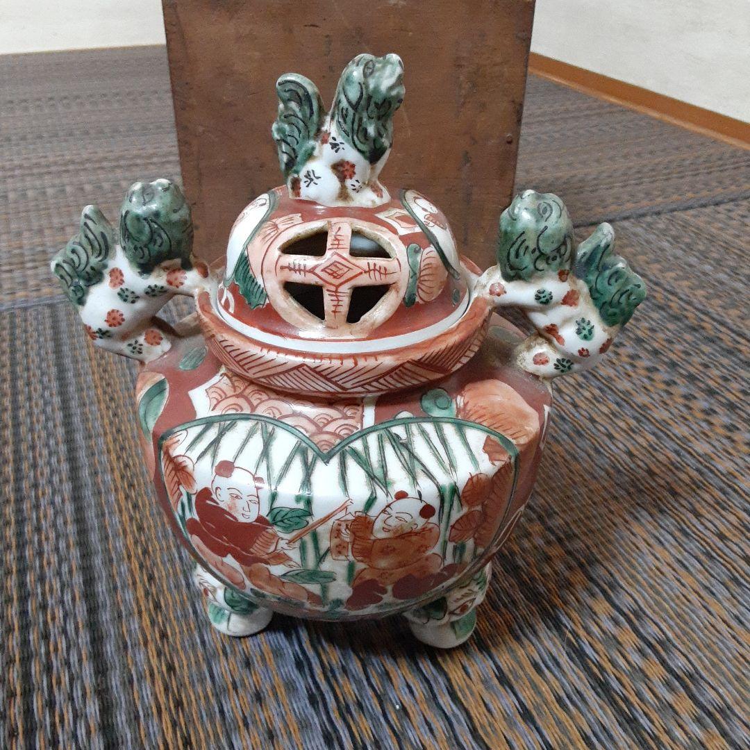 古い伊万里赤絵九谷焼香炉/江戸唐子狛犬薩摩十字角福小槌三足耳付/瓔珞緑釉窓絵箱入