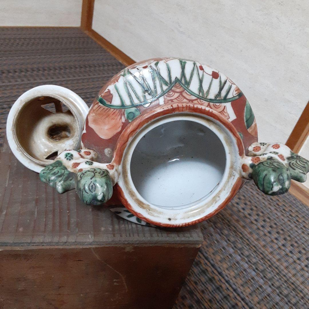 古い伊万里赤絵九谷焼香炉/江戸唐子狛犬薩摩十字角福小槌三足耳付/瓔珞緑釉窓絵箱入