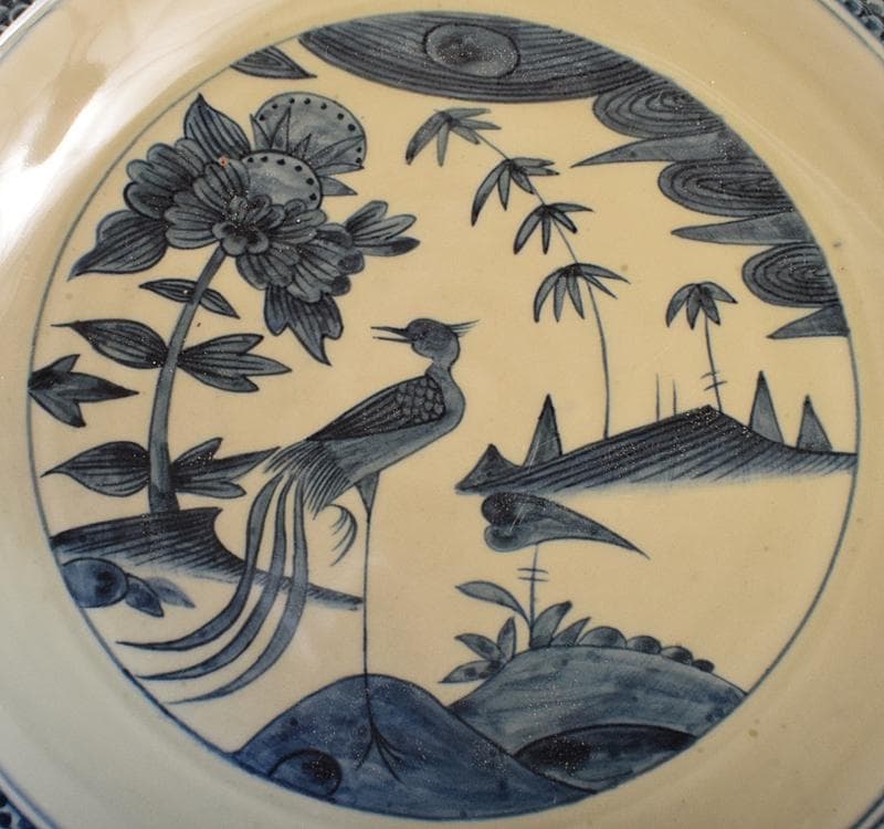 中国　青花　鳥花文　大皿　飾皿　C 3542C