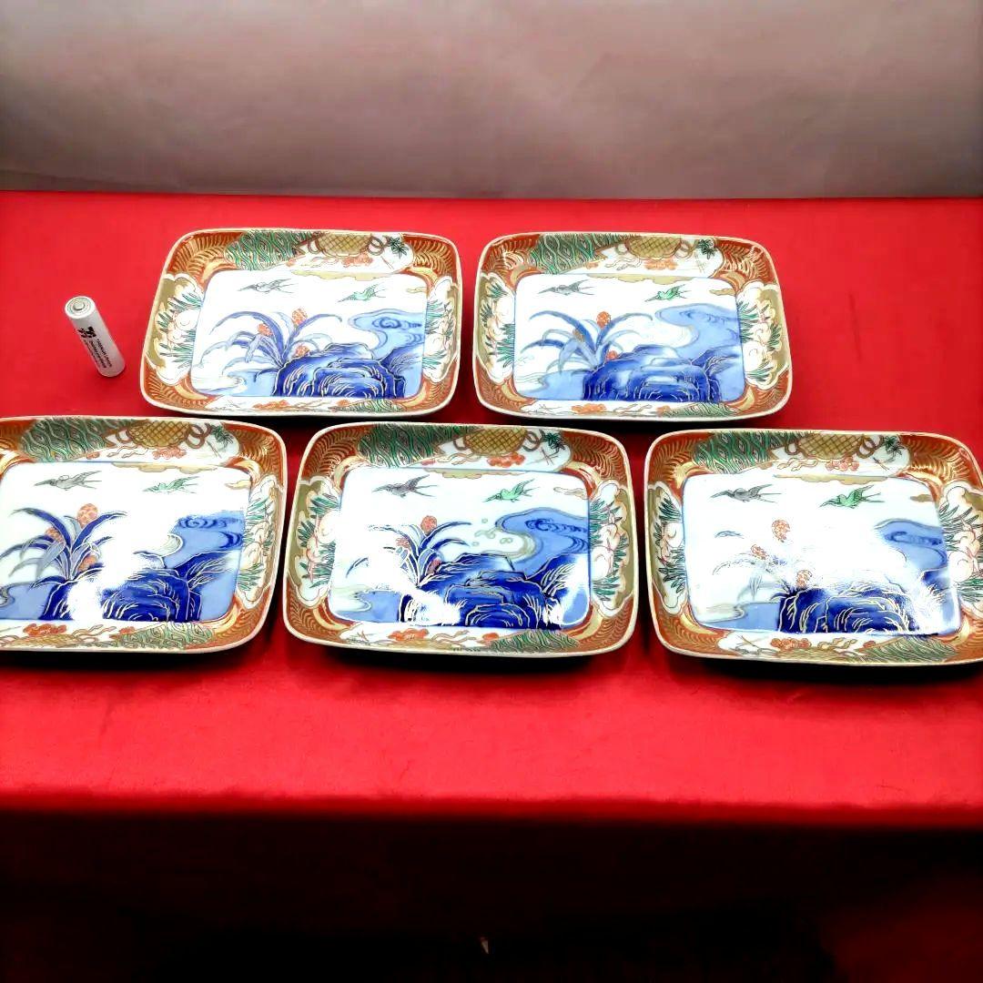 有田焼　伊万里焼　古伊万里　金彩　色絵　小皿　角皿　長角皿　刺し身皿5客セット③