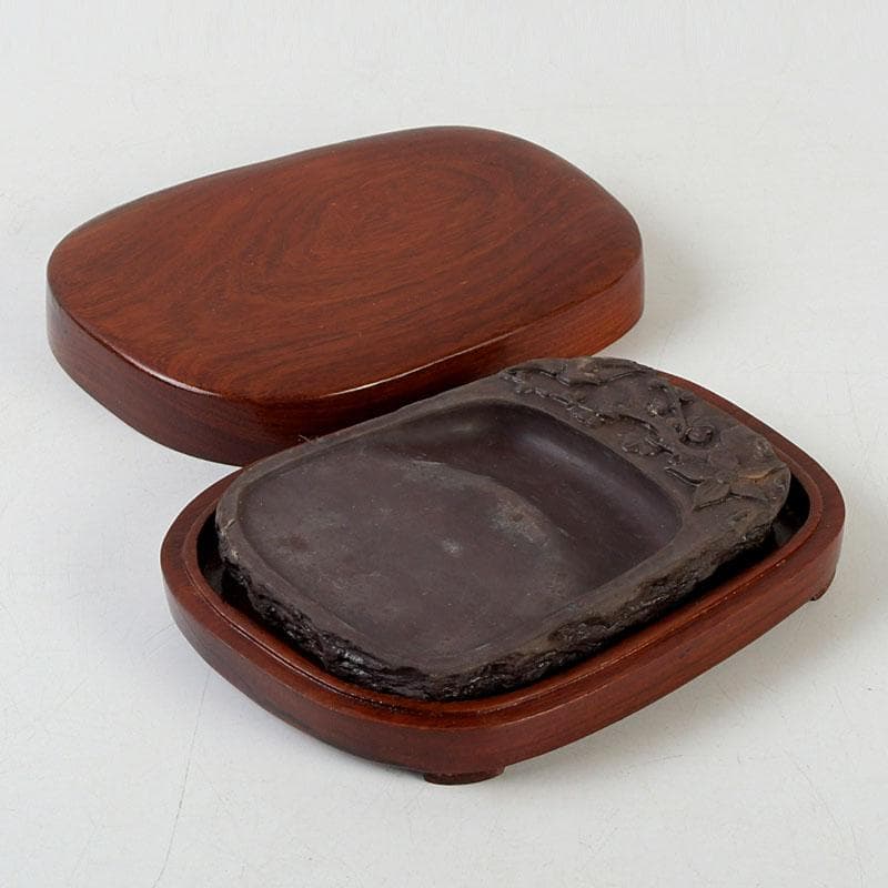 中国　書道具　花鳥彫　端渓硯　唐木箱　C　9599