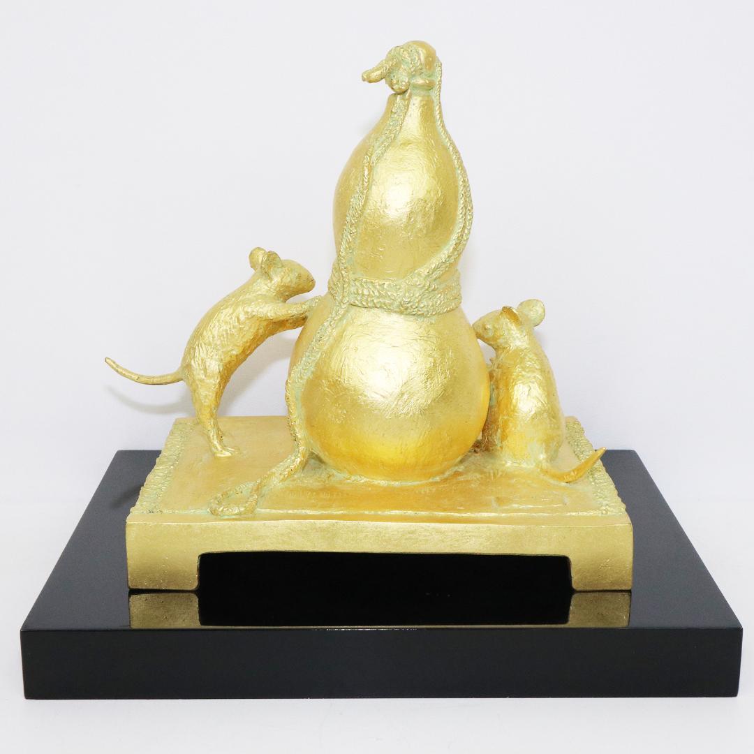 壽　富永直樹 ブロンズ 金箔仕上 鼠 瓢箪 台座 共箱 冊子 寿 置物