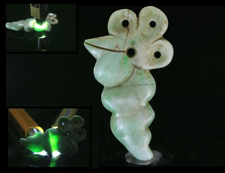 古墳期糸魚川ろうかん翡翠勾玉頭部に彫り込み冠状頭部鳥獣形勾玉縄文時代　出土石器