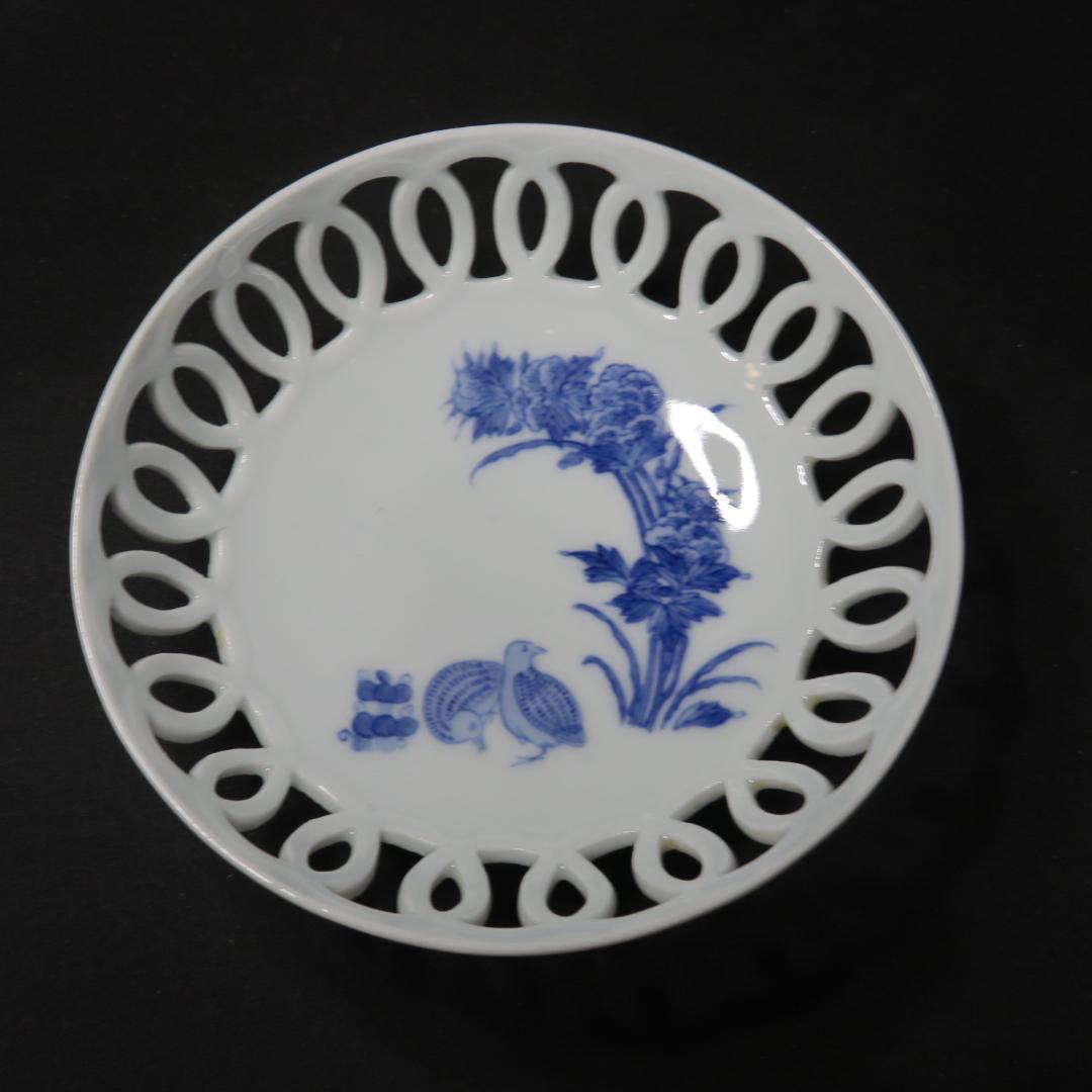 透かし なます皿 染付 うずら 鳥 2枚 古伊万里 変わり種 希少