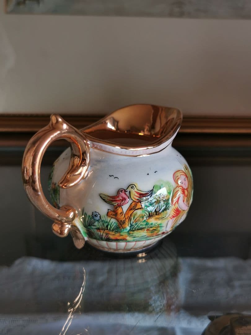 アンティークイタリア カポディモンティ 子供と鳥の実りの草原 収穫 クリーマー