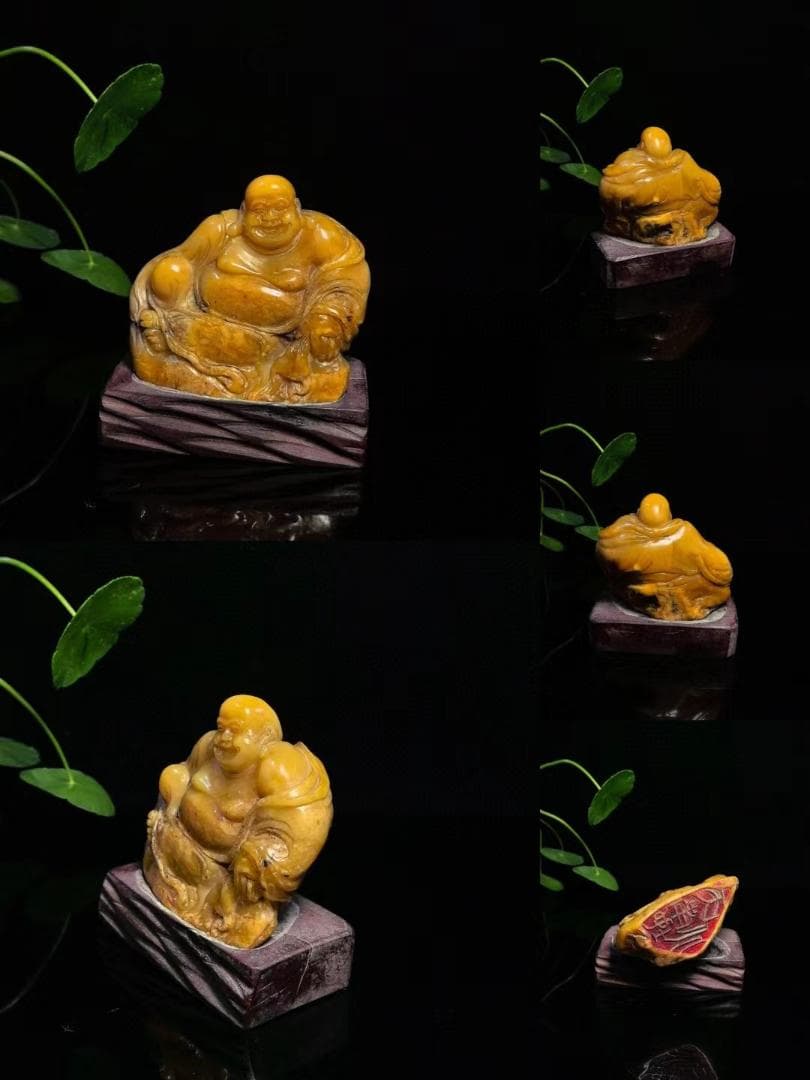 中国古美術・弥勒仏の印鑑・寿山石の金田黄石印章・置物・純手彫り・風水開運・文房具
