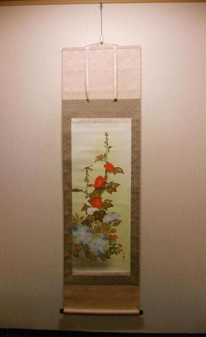 掛け軸 小川大鳳 作 『 紫陽花 』 絹本 希少 軸装 茶道具 掛軸 美品 です